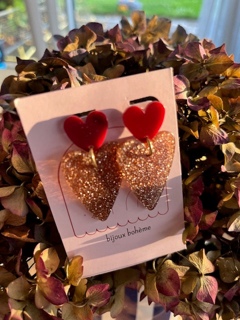 •  Boucles d'oreilles PARIS • puces en acétate Bordeaux • Cœur en GLITTER cuivré