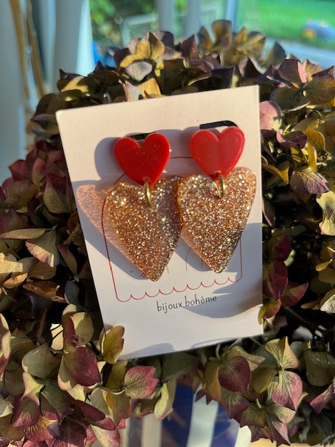 •  Boucles d'oreilles PARIS • puces en acétate Bordeaux • Cœur en GLITTER cuivré